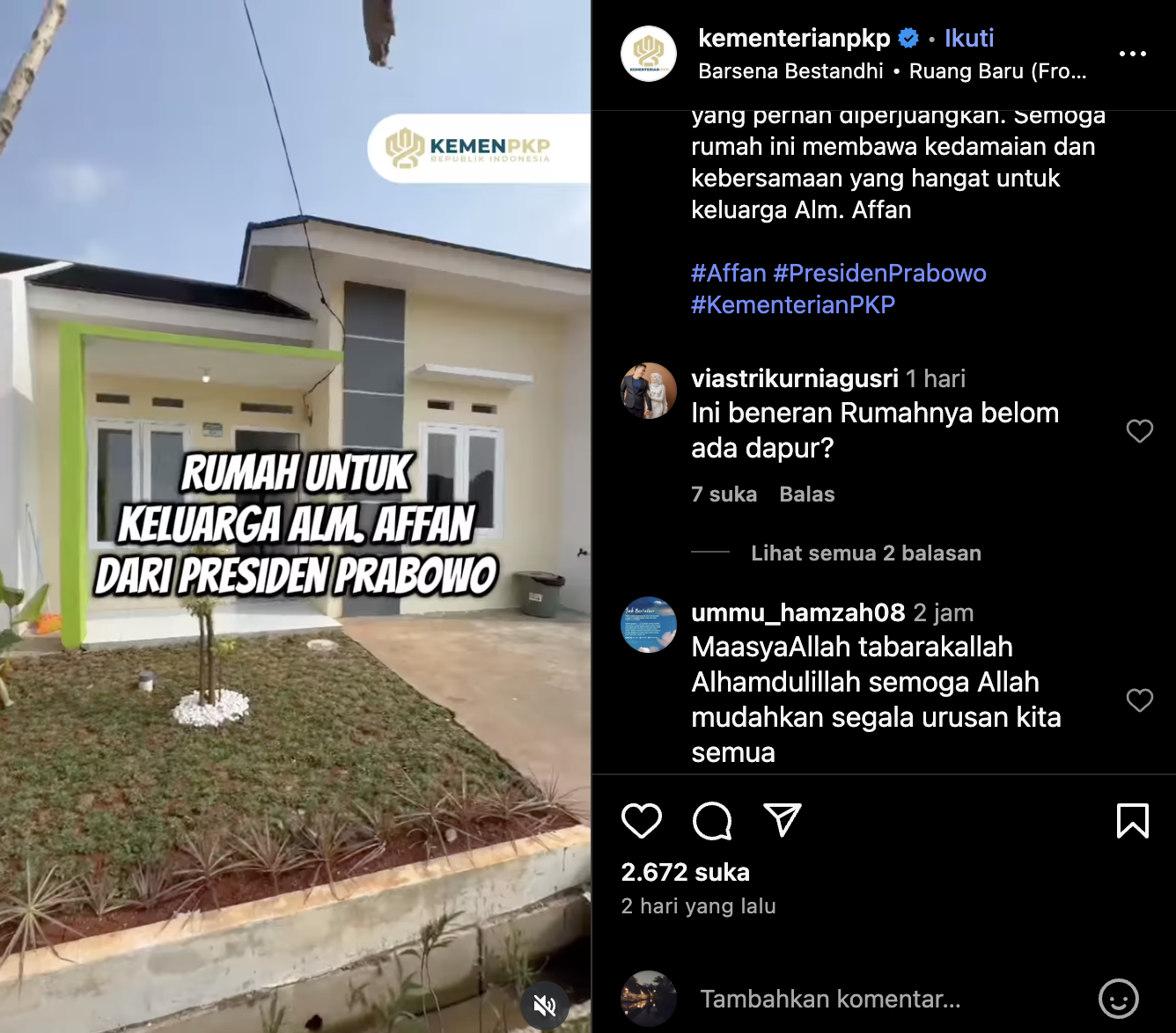 Rumah baru keluarga almarhum Affan Kurniawan. (Instagram/@kementerianpkp)